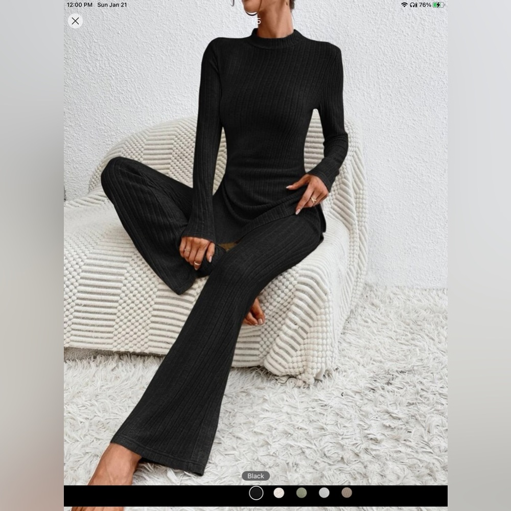 SHEIN Essnce Mock Neck Split Hem Tee & Flare Leg Pants